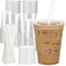 100-pack of 16 oz clear plastic cups with lids and straws. Sturdy, food-safe, and perfect for iced coffee, smoothies, or any cold beverages. Disposable and convenient.